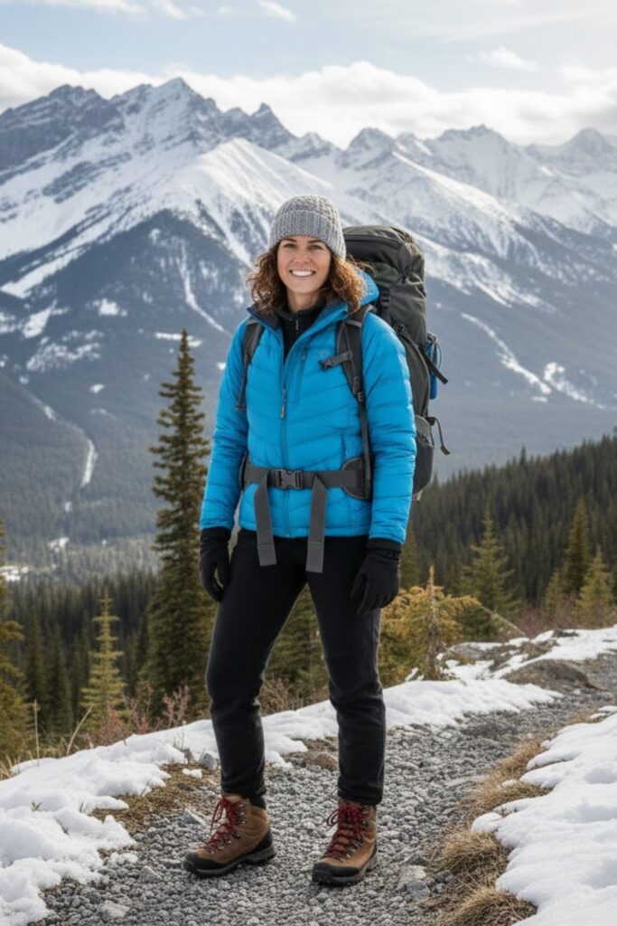 7. Puffer Jacket with Merino Wool Base and Hiking Leggings