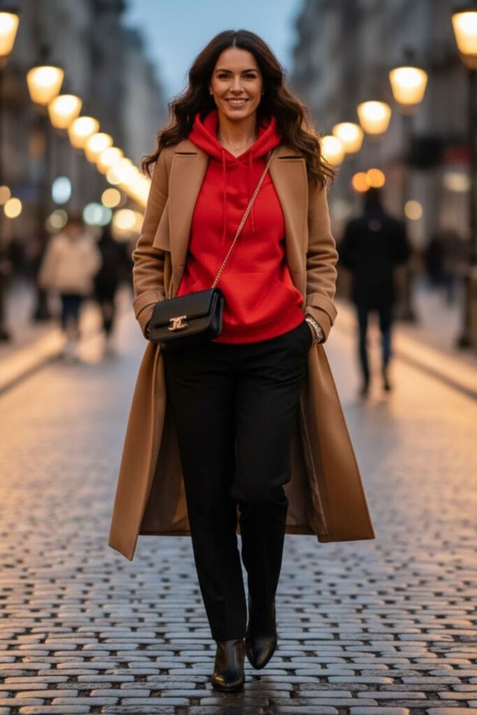 7. Red Hoodie with Long Coat and Straight-Leg Pants