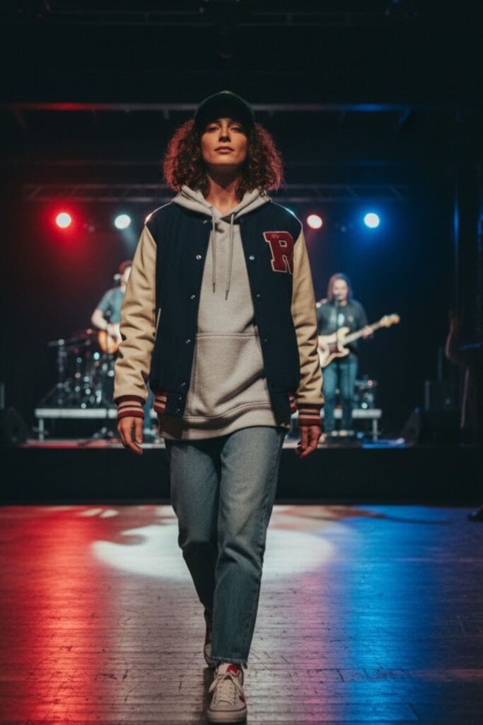 7. Retro Varsity Jacket and Layered Look