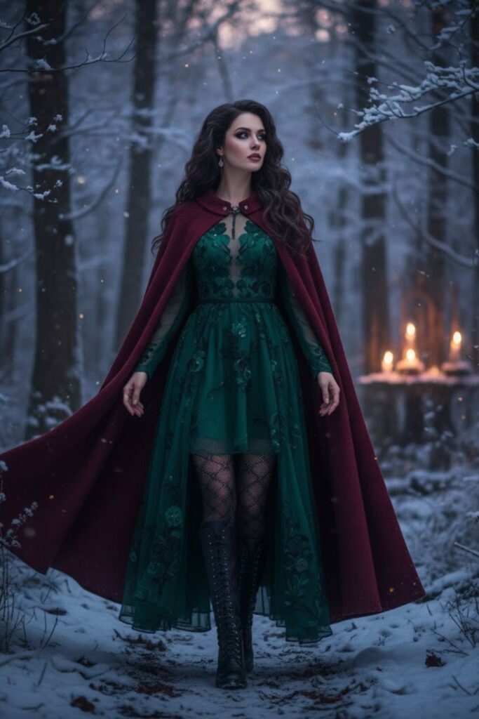7. Sheer Long Sleeve Dress with Wool Cape