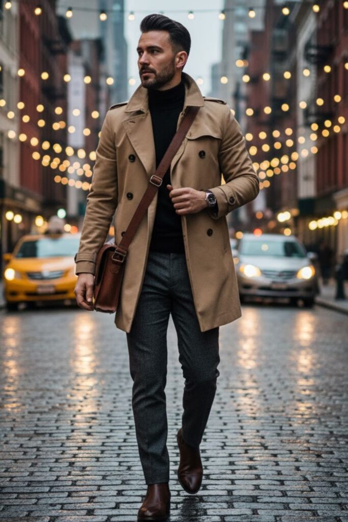 7. Trench Coat with Trousers and Turtleneck