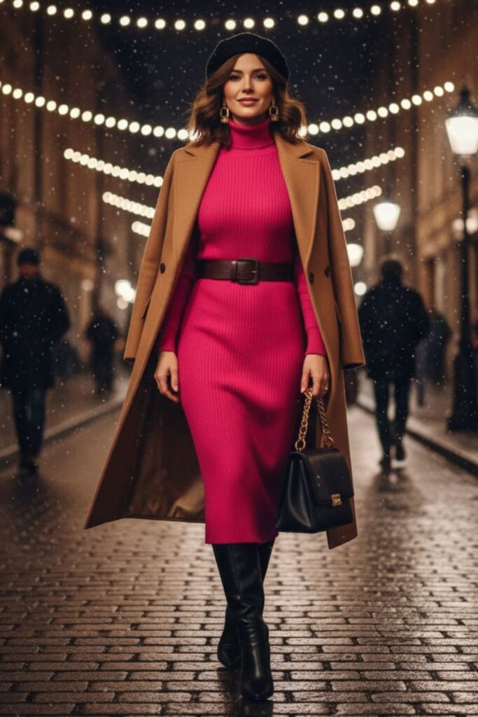 7. Turtleneck Dress with Belted Coat