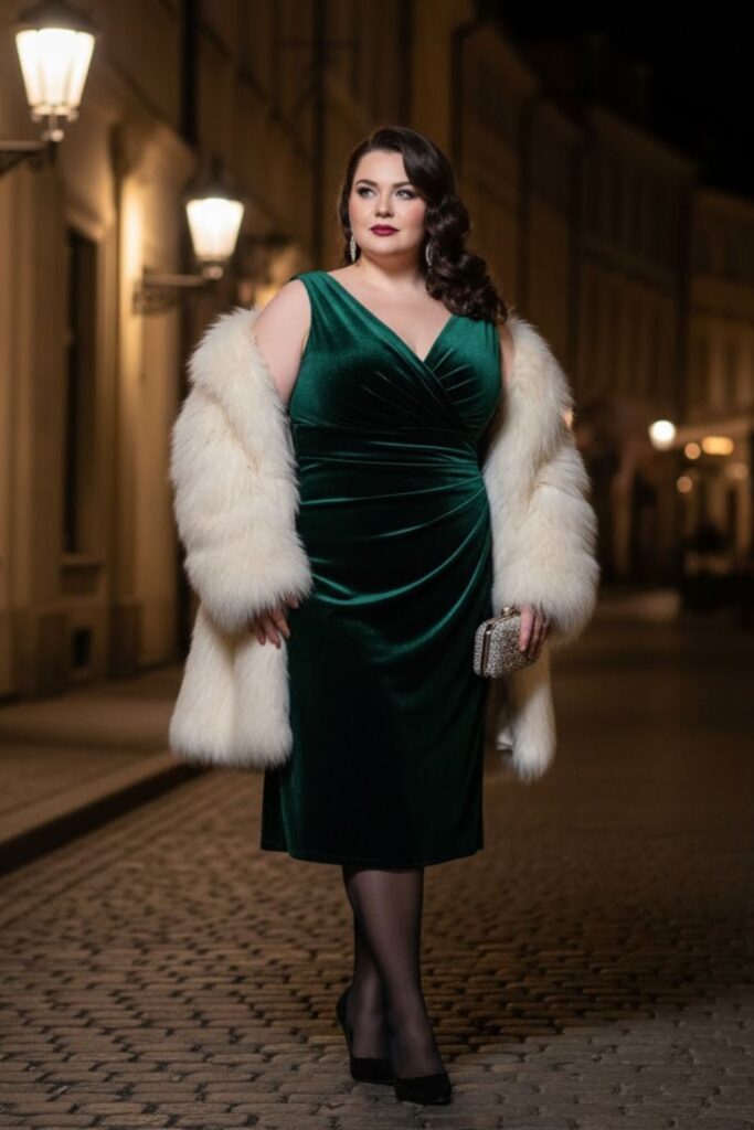 7. Velvet Dress with Faux Fur Coat