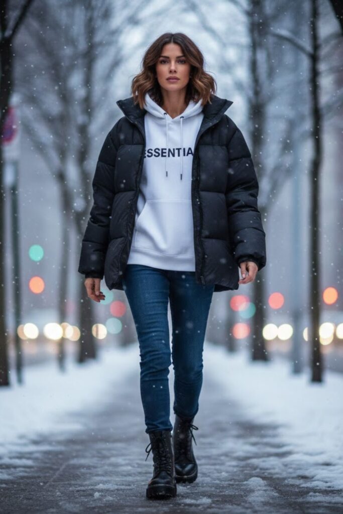 7. White Hoodie with Puffer Jacket and Jeans