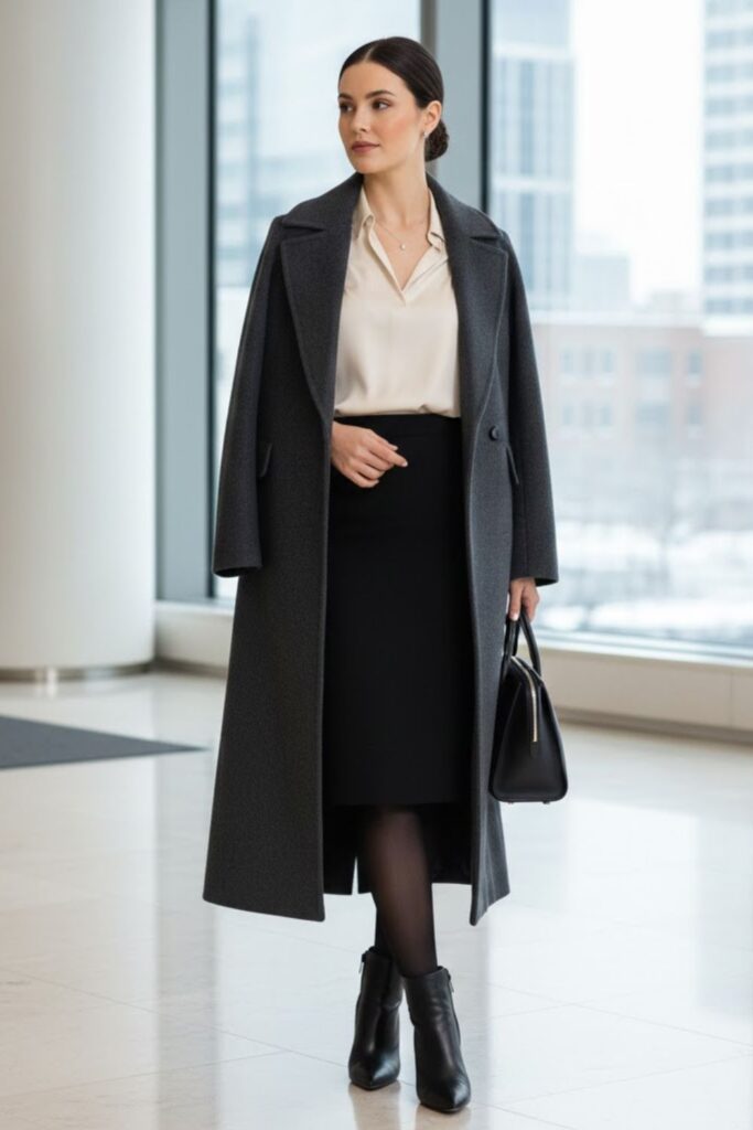 7. Wool Coat with Blouse and Pencil Skirt