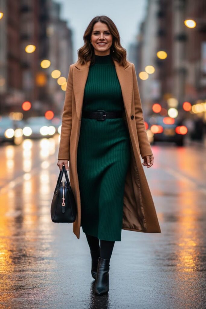 7. Wool Dress with Belt and Long Coat