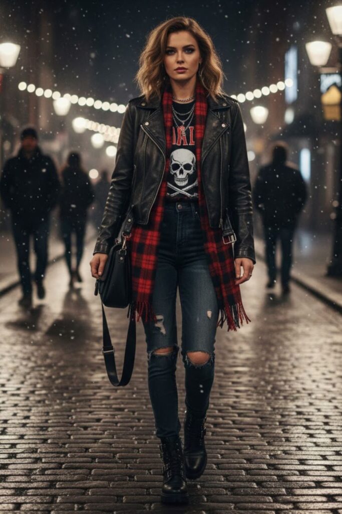 8. Black Biker Jacket with Graphic Tee and Jeans