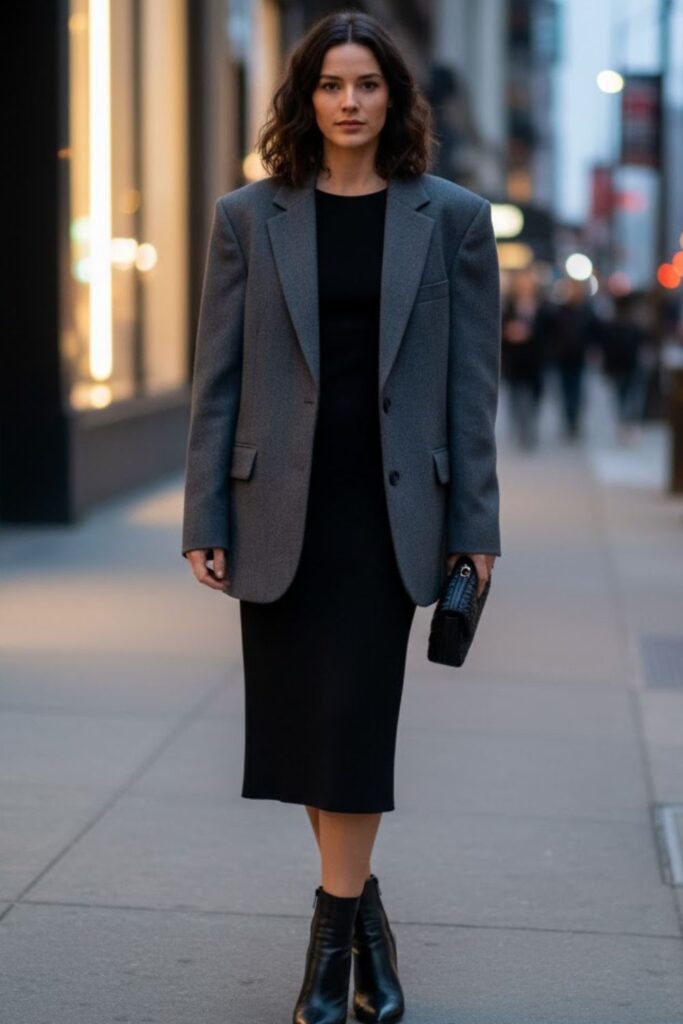 8. Black Midi Dress with Oversized Blazer