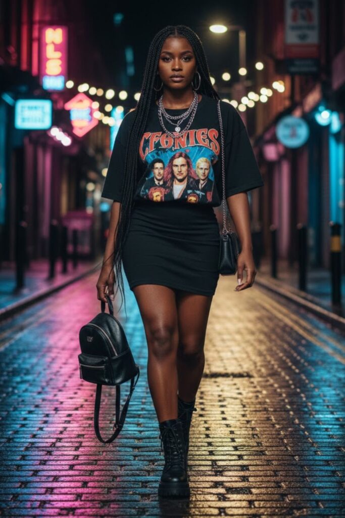 8. Black Mini Skirt with Oversized Band Tee