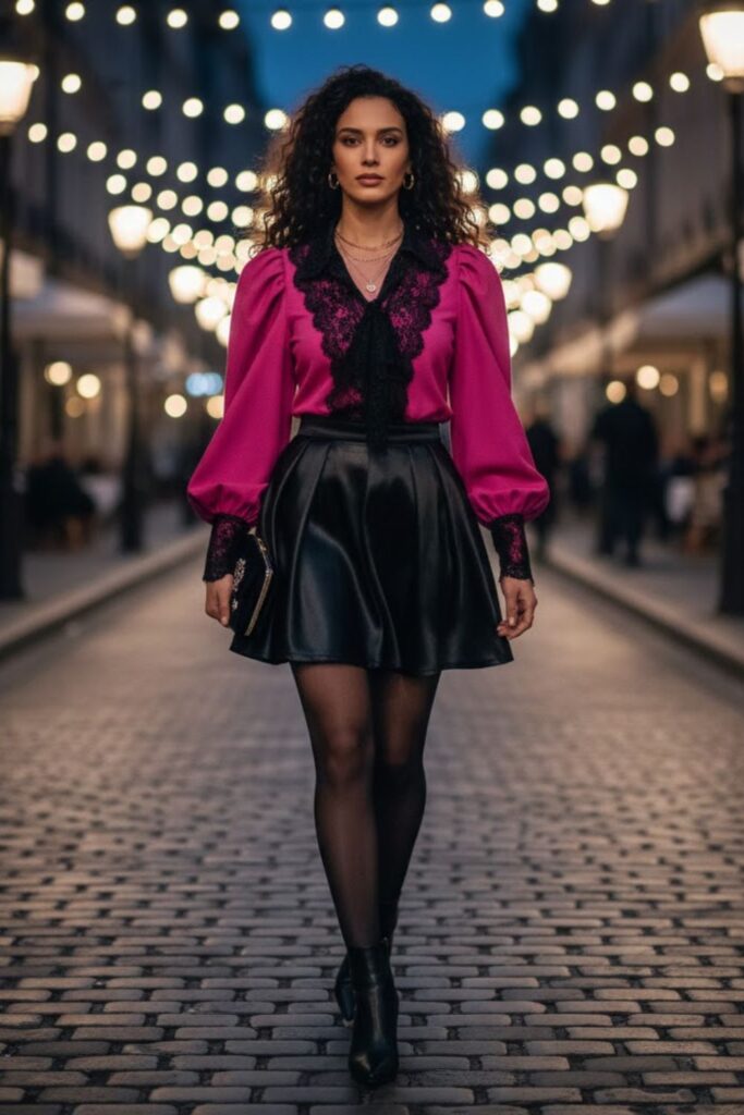 8. Black Silk Mini Skirt with a Statement Blouse