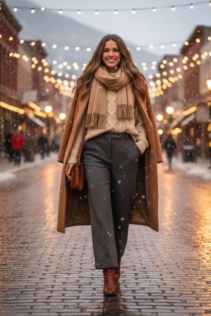 8. Cable Knit Sweater with Wide-Leg Pants