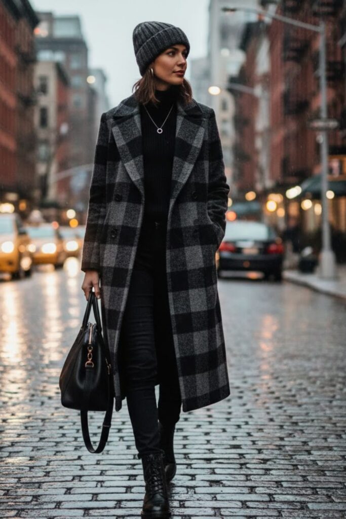 8. Checked Wool Coat with Black Jeans and Boots