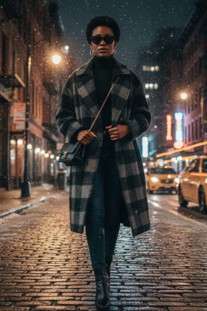 8. Checked Wool Coat with Black Turtleneck and Jeans