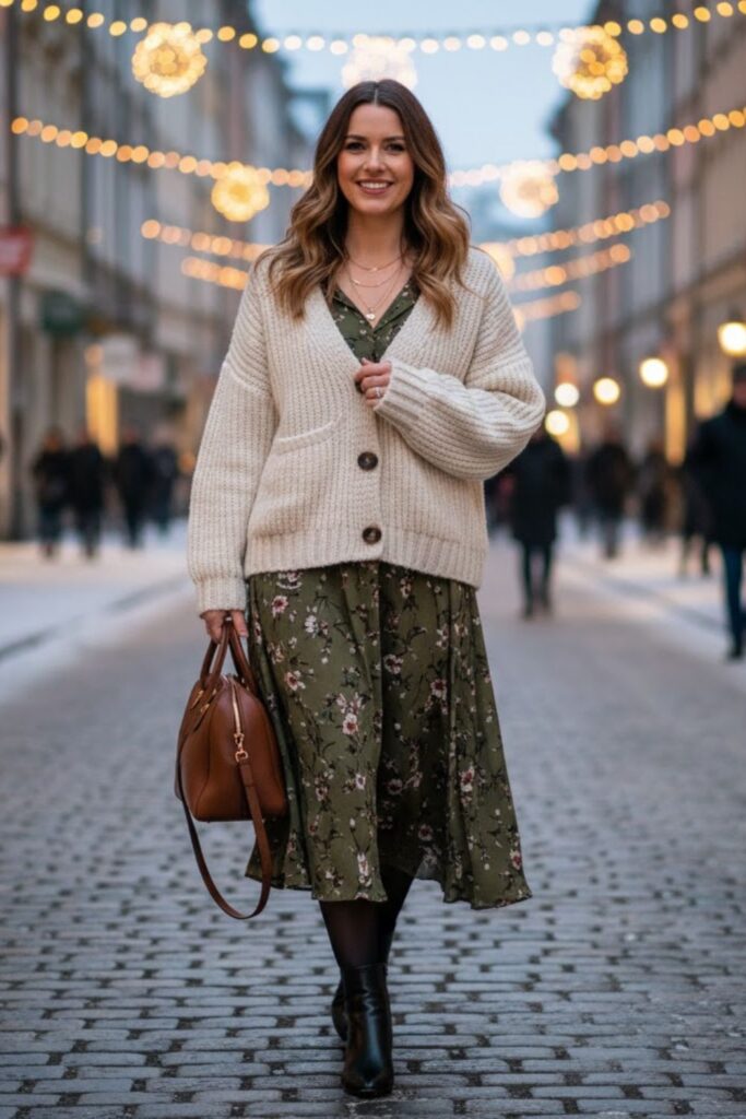 8. Chunky Knit Cardigan with Midi Skirt