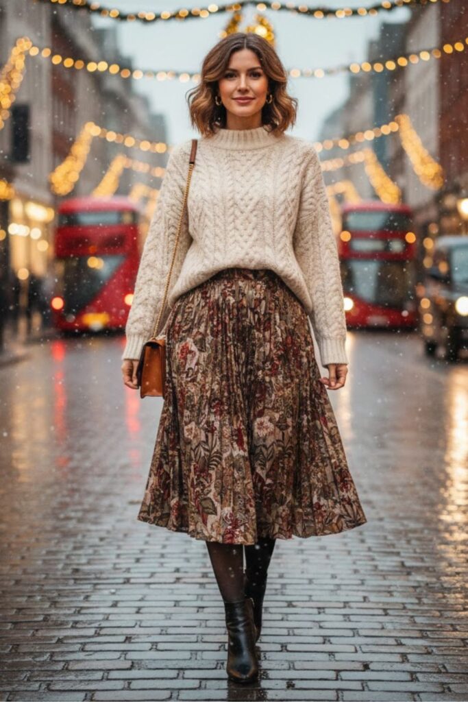 8. Chunky Sweater with Pleated Skirt