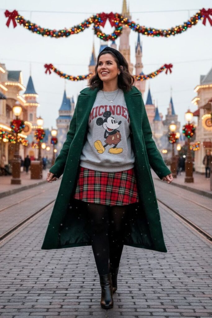 8. Classic Disney Sweatshirt with Plaid Skirt