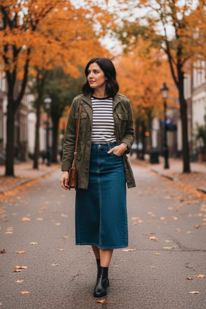 8. Denim Midi Skirt with a Striped Long-Sleeve Tee