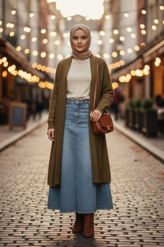 8. Denim Skirt with Long Cardigan