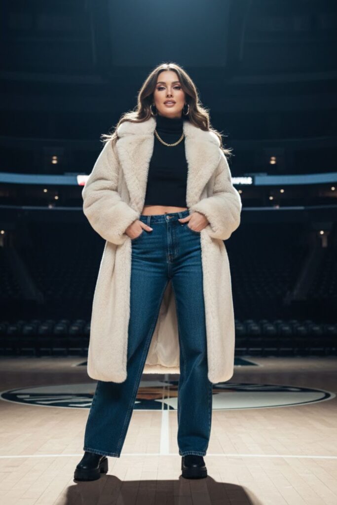8. Faux Fur Coat with Wide-Leg Jeans