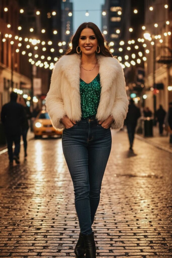 8. Faux Fur Jacket with Skinny Jeans
