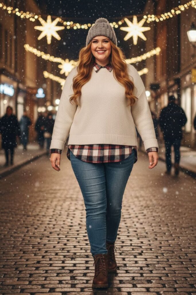 8. Flannel Shirt with Layered Sweater and Jeans