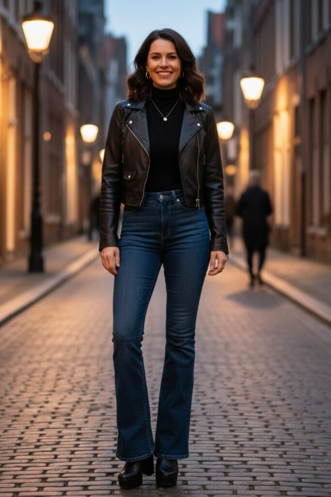 8. Flared Jeans with Turtleneck and Cropped Jacket