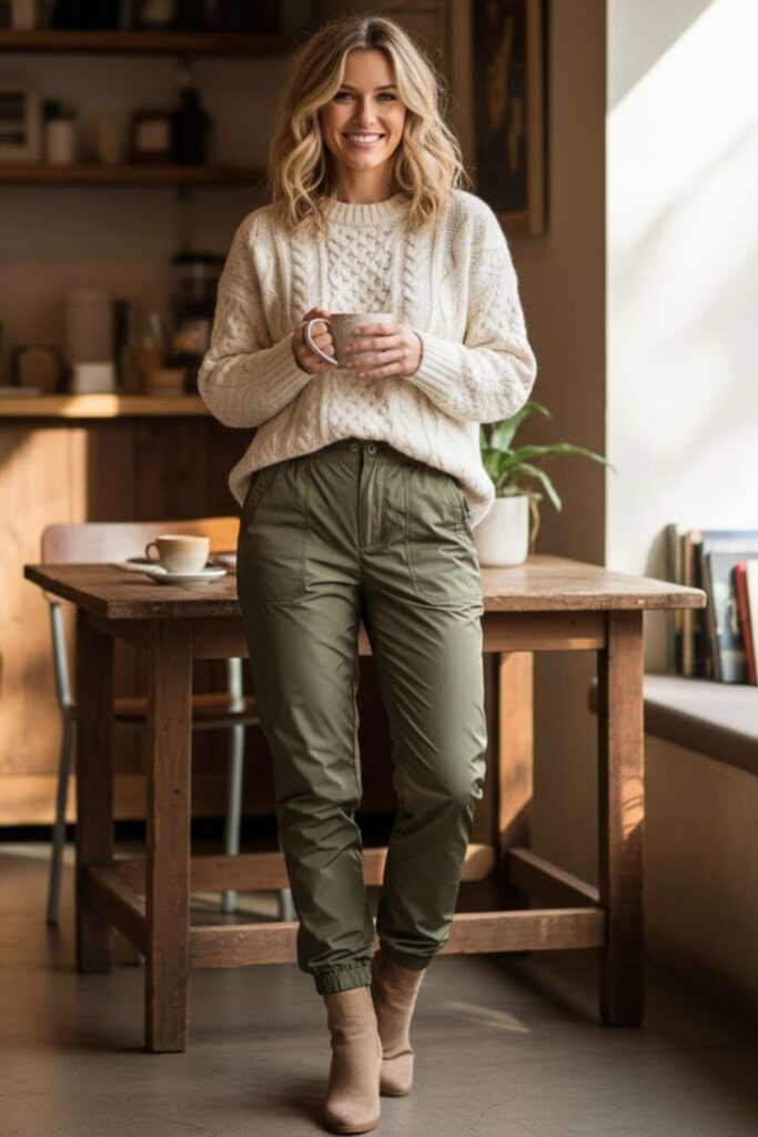 8. Green Parachute Pants with a Beige Knit Sweater