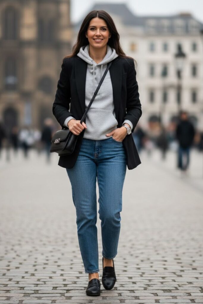 8. Grey Hoodie with Blazer and Jeans