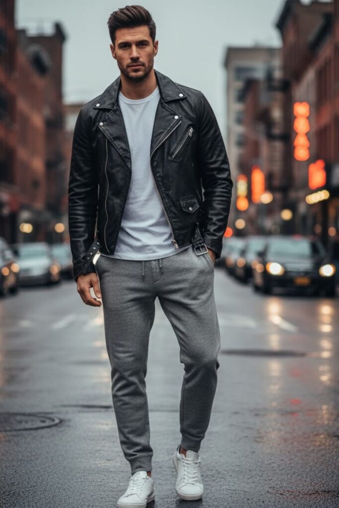 8. Grey Sweatpants with Black Leather Jacket