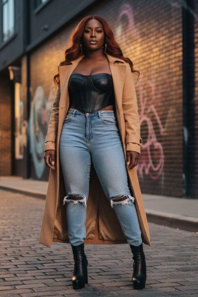 8. High-Waisted Jeans with Corset Top and Trench Coat