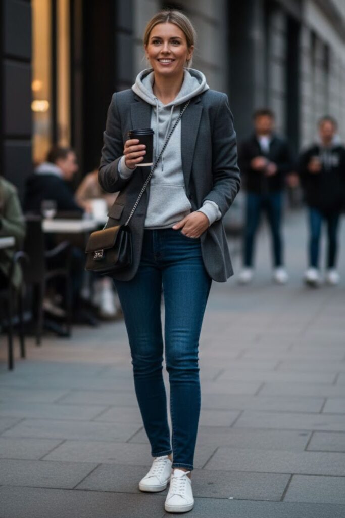 8. Hoodie and Tailored Blazer Combination