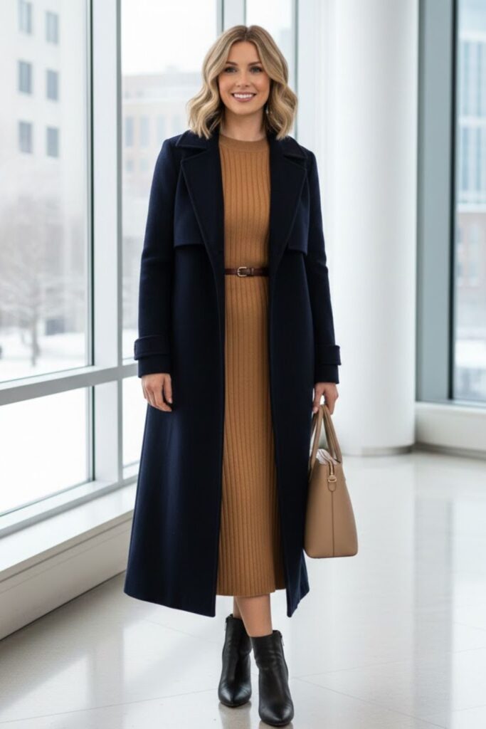 8. Knit Dress with Belt and Ankle Boots