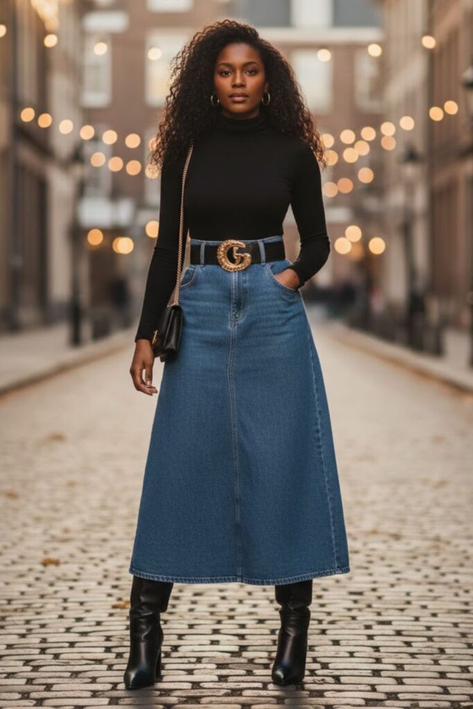 8. Long Denim Skirt with a Statement Belt