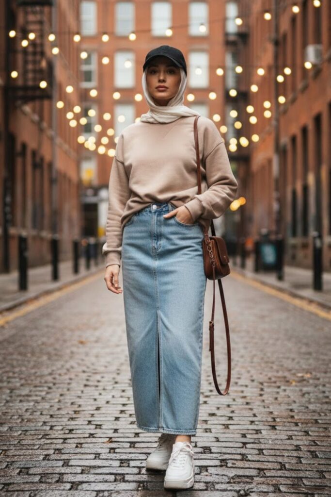8. Long Denim Skirt with a Sweatshirt and Sneakers