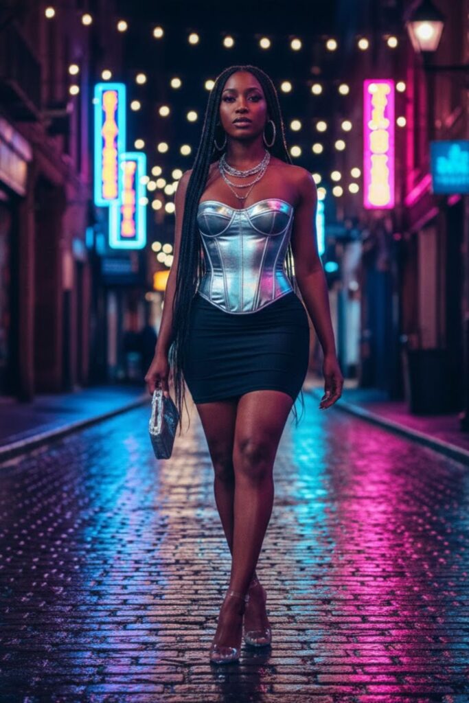 8. Metallic Corset with Bodycon Mini Skirt