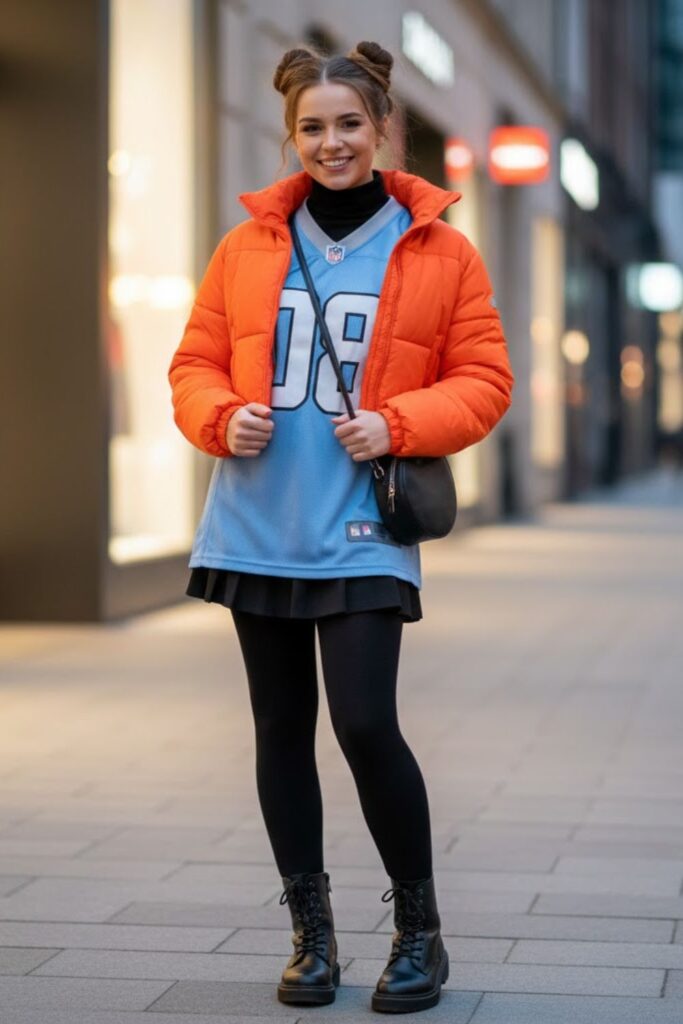 8. Oversized Football Jersey with Pleated Mini Skirt