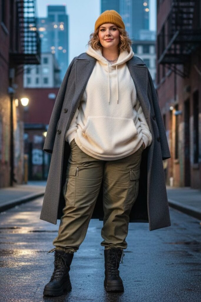 8. Oversized Hoodie + Wool Coat + Cargo Pants