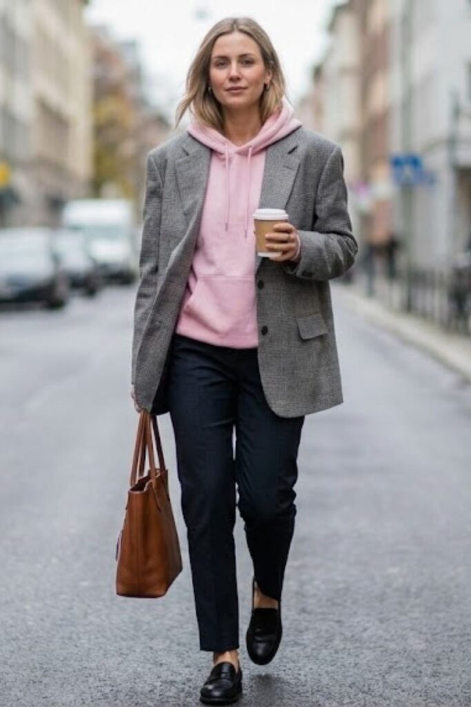 8. Pink Hoodie with Oversized Blazer