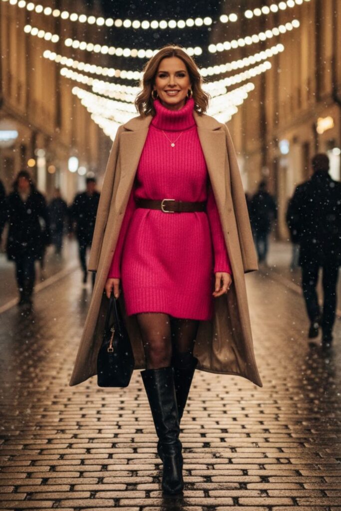 8. Pink Turtleneck Dress with Belted Coat