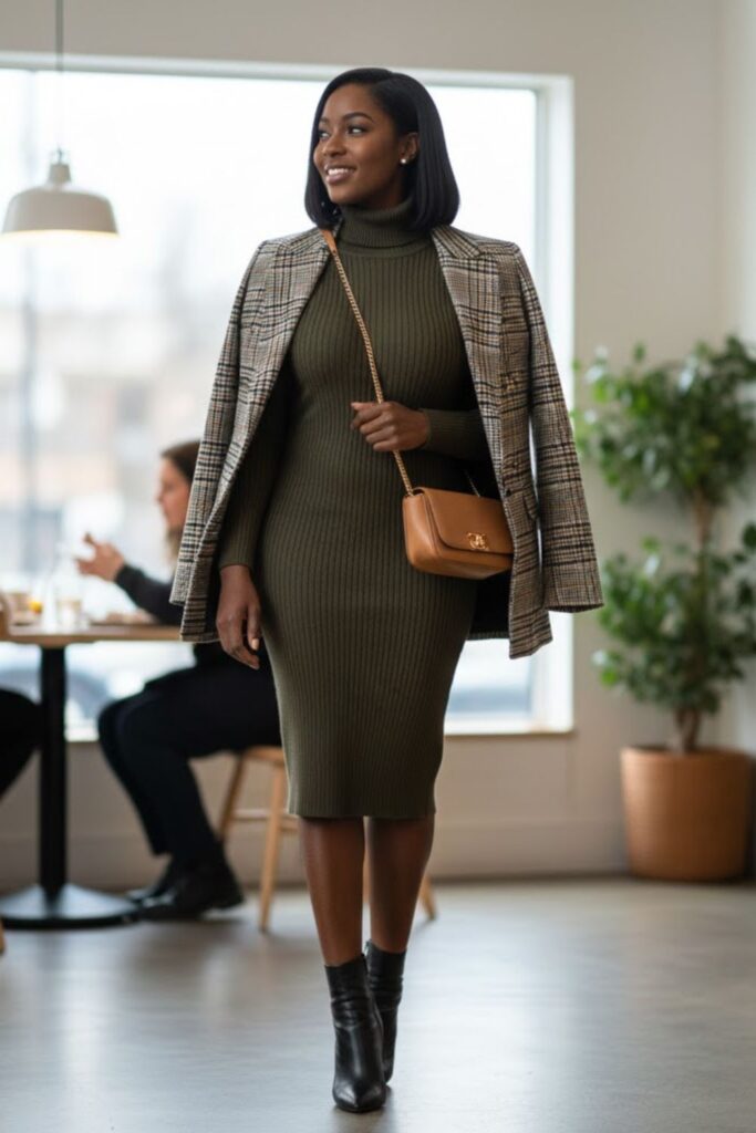 8. Plaid Blazer with Turtleneck Dress and Ankle Boots