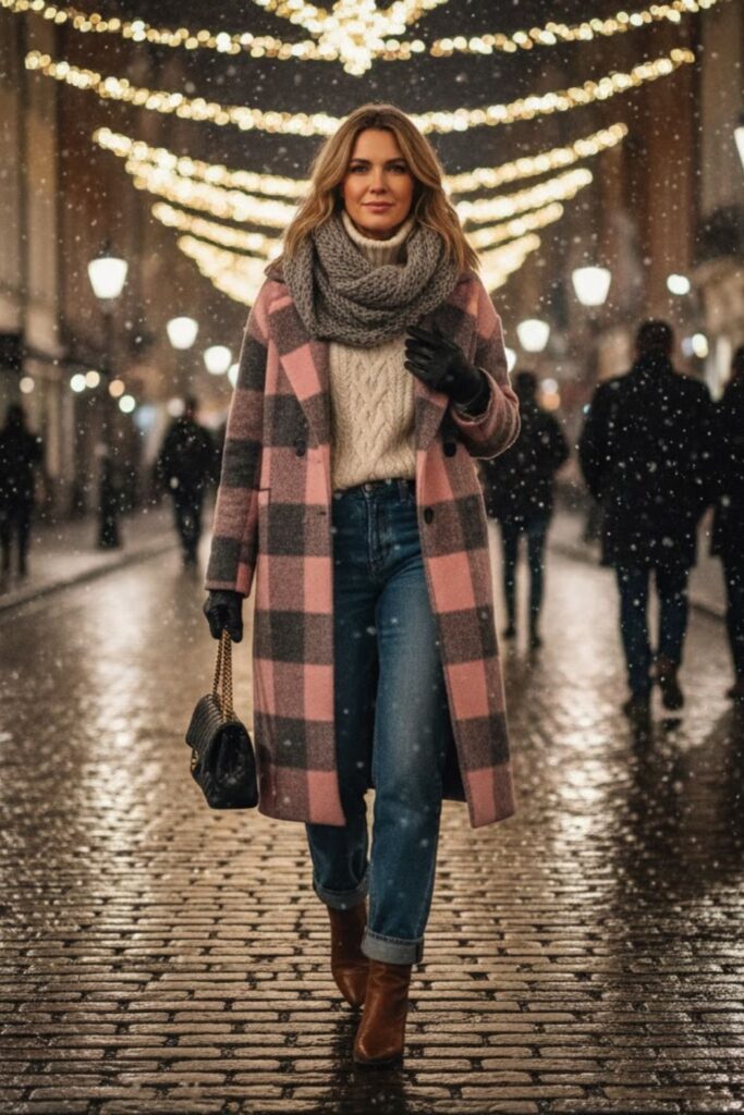 8. Plaid Coat with Straight-Leg Jeans
