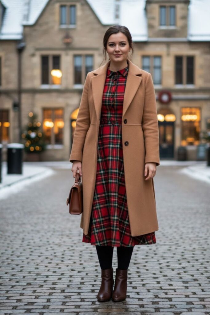8. Plaid Dress with Belted Coat