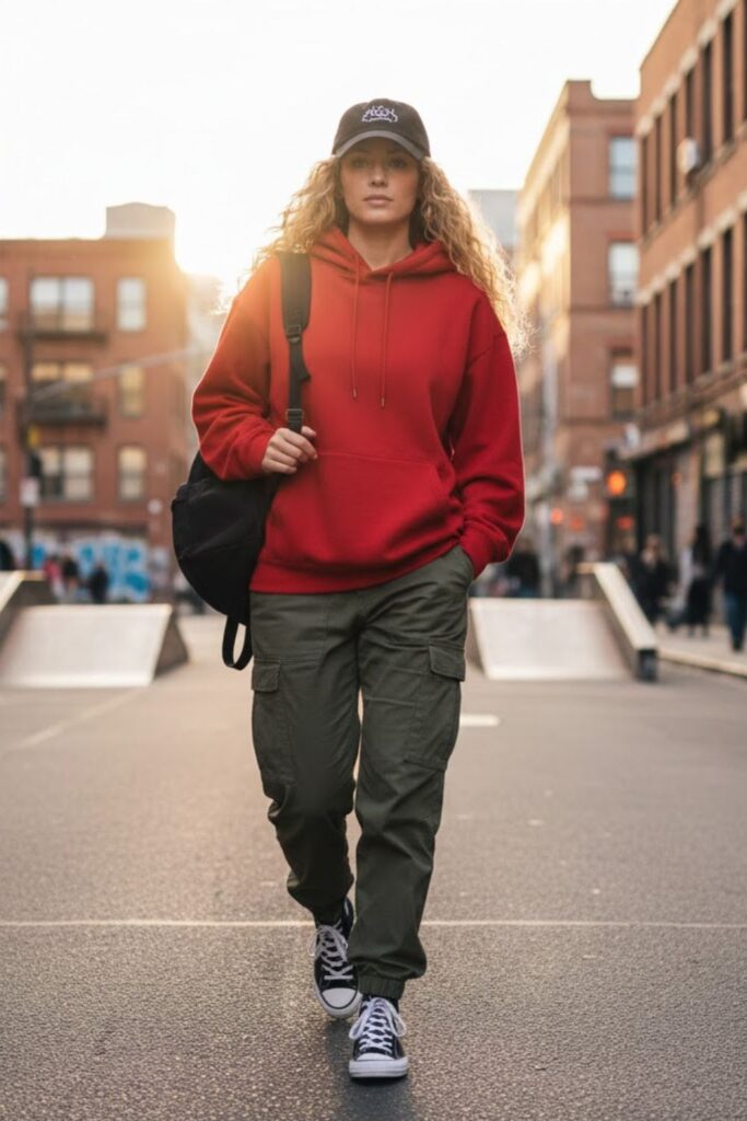 8. Red Hoodie with Cargo Pants and High-Tops