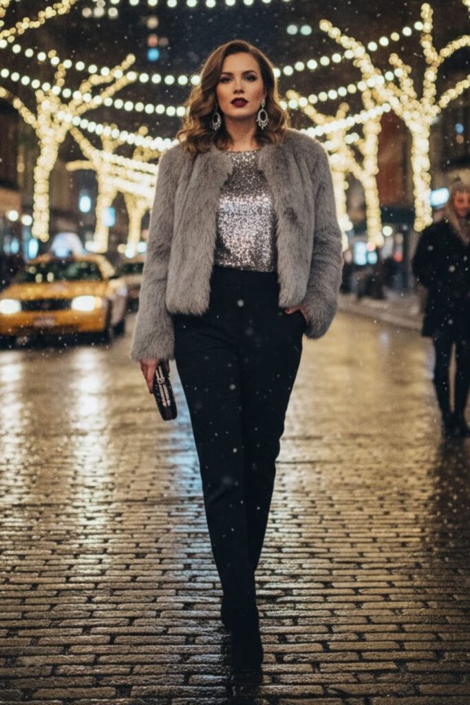 8. Sequin Top with Black Trousers