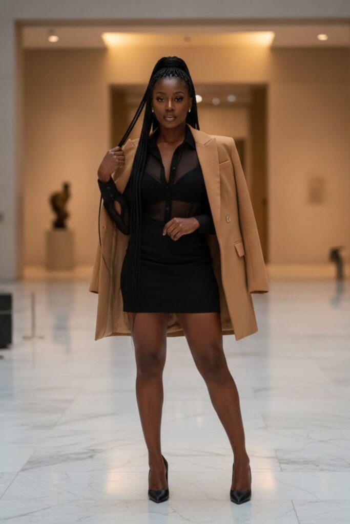 8. Sheer Blouse with Mini Skirt and Longline Blazer