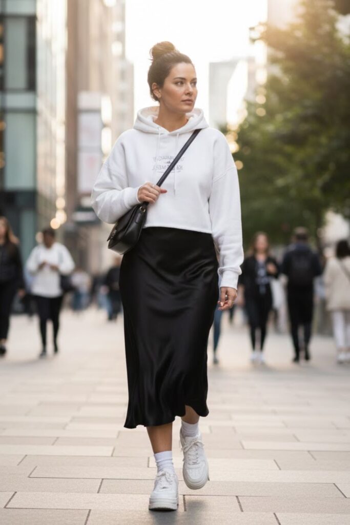 8. Silk Midi Skirt with a Cropped Hoodie