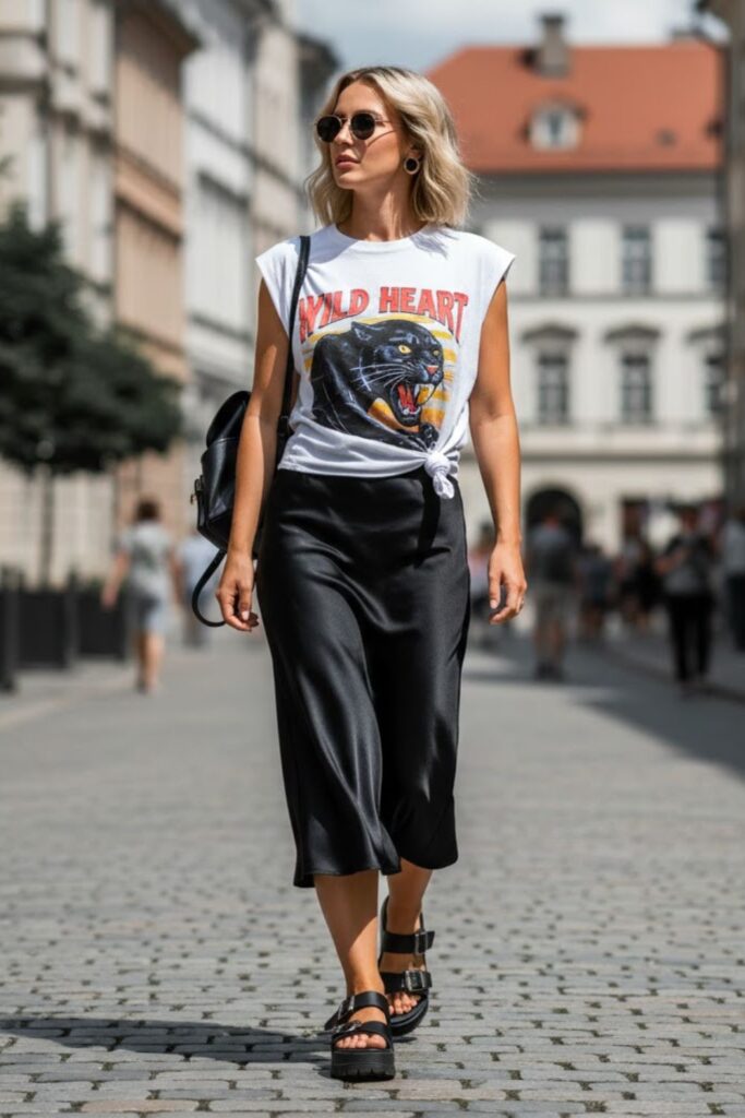 8. Silk Skirt with a Loose Graphic Muscle Tee
