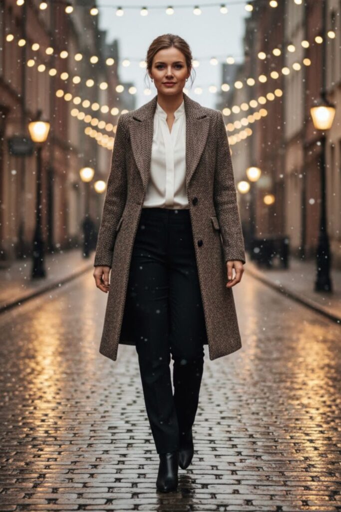8. Tweed Coat with Black Trousers and Silk Blouse