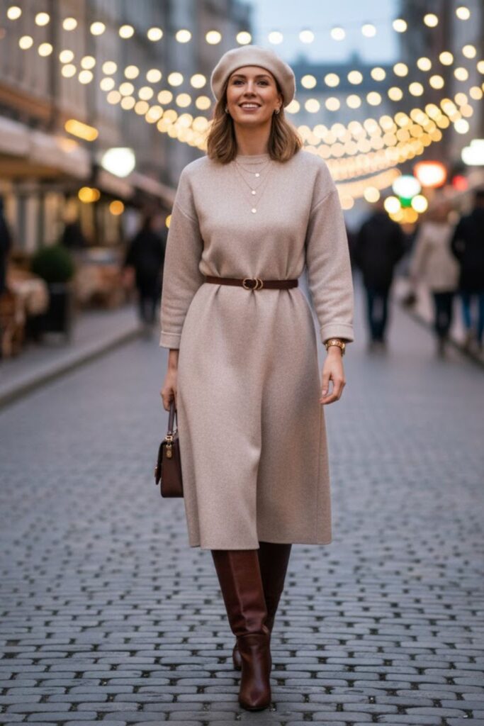 8. Wool Dress with Tall Boots