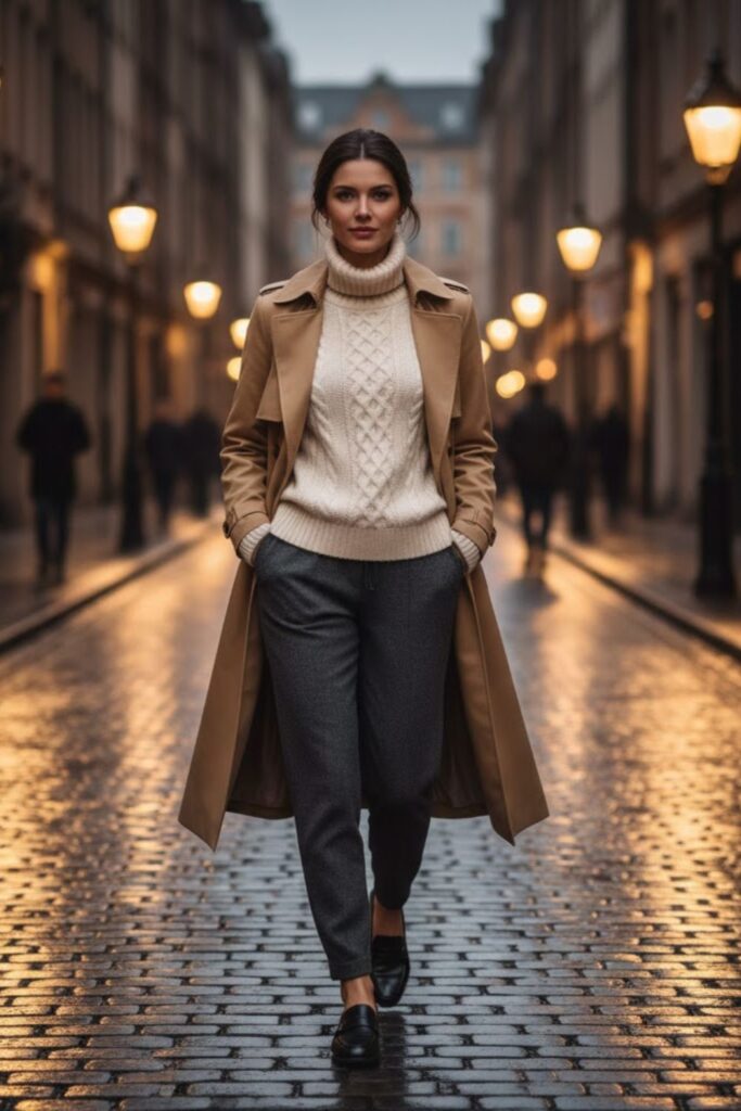 8. Wool Joggers with Sweater and Trench Coat